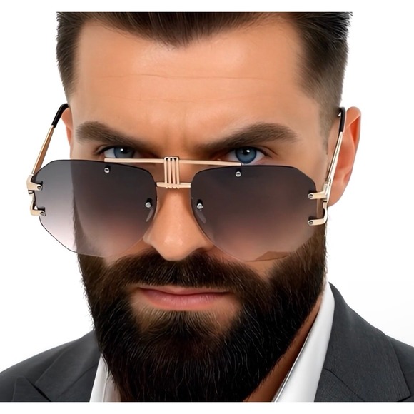 Men Designer Shades Gold Frame Rimless Sunglasses Fashion Trendy Aviator Pilot - Picture 10 of 10